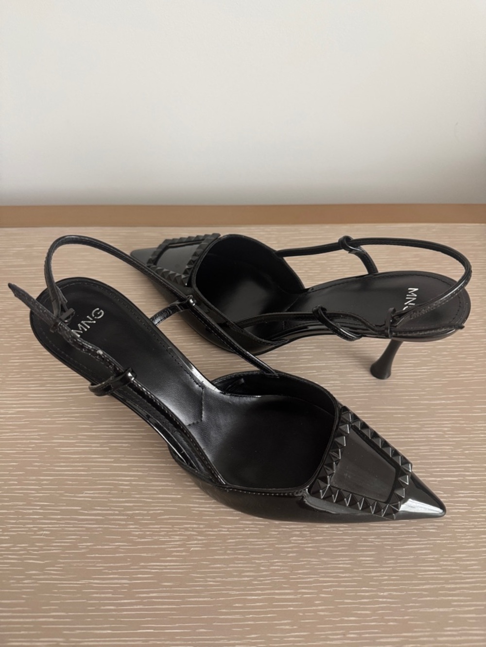 Mango Black Pointed Slingback Heels with Studded Trim